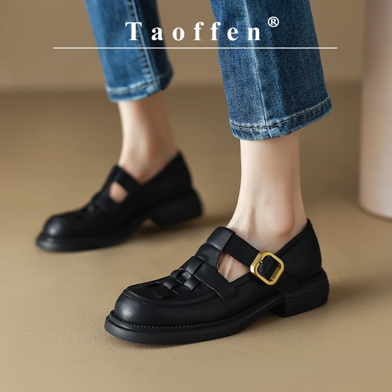 

Taoffen Casual Mary Janes Loafers Women Genuine Leather Solid Draid Square Heel Metal Buckle Pumps Mature Round Office Shoes