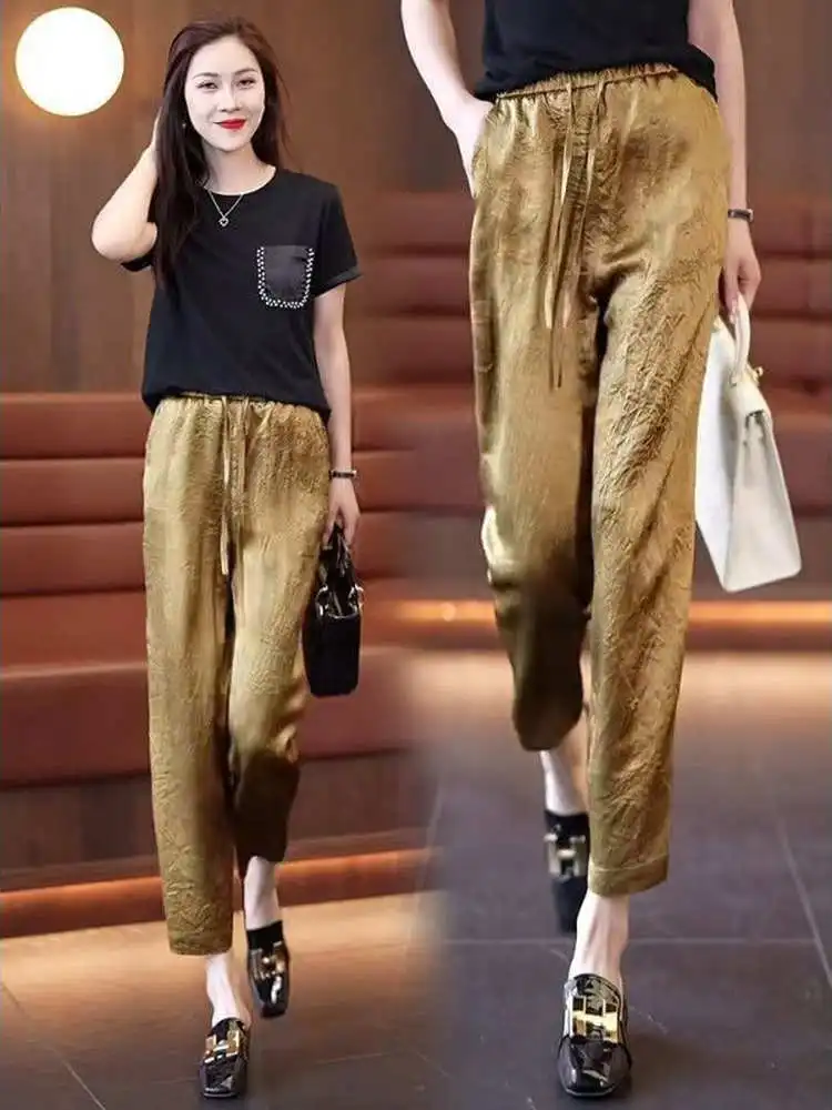 

Женские брюки из ледяного шелка, свободные, струящиеся, тонкие, летние, новые, повседневные, с высокой талией, прямые, неэластичные