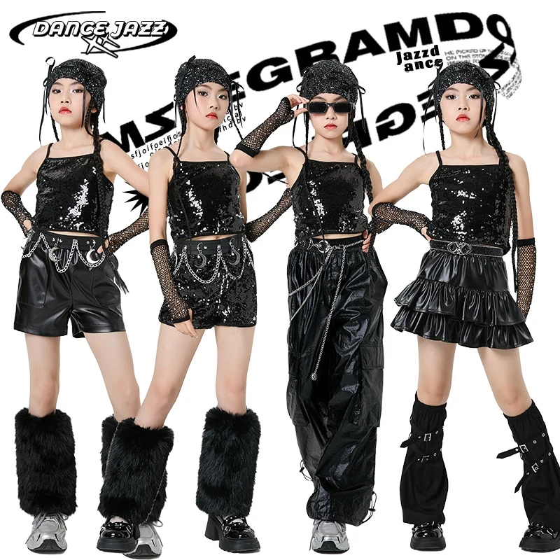

Children Ballroom Dance Suits Black Sequins Hip Hop Clothing Girls K-pop Outfits Jazz Dance Costume Street Rave Wear XS9837