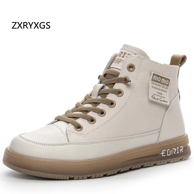 

ZXRYXGS 2025 Premium Real Leather High Top Sneakers Trendy Boots Flat Soft Cow Tendon Sole Autumn Winter Shoes Woman Sneakers