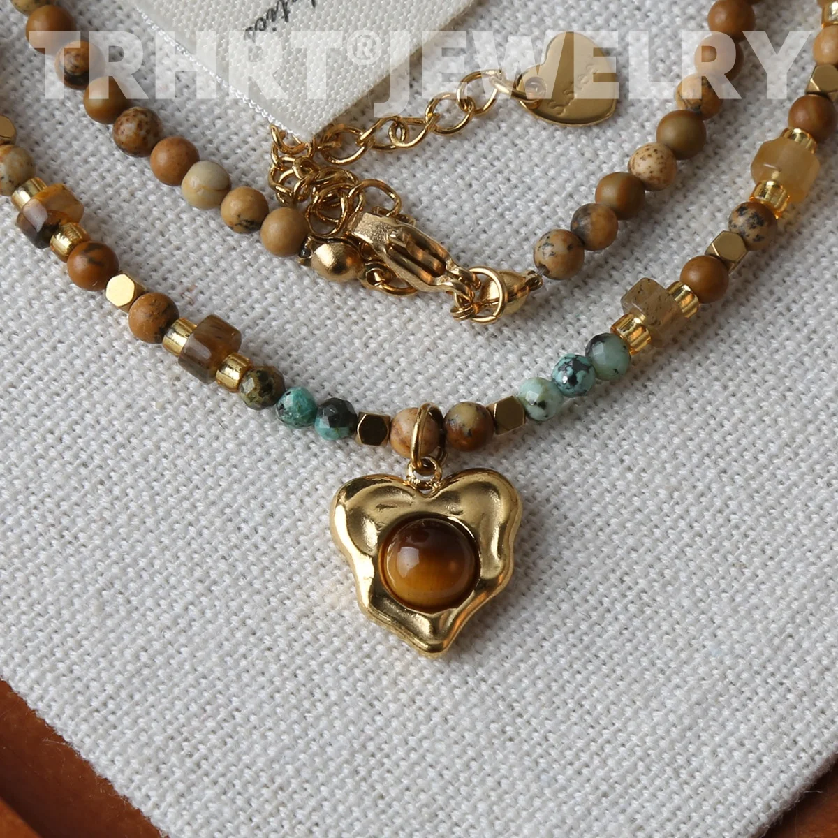 Natural Stone Beads Heart Pedant Chain Trendy Handmade Necklace Golden Summer Stainless Steel Jewelry