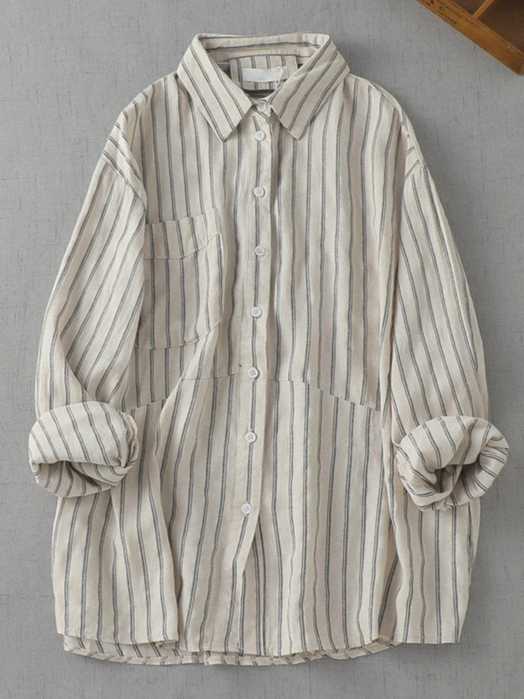 

Color Woven Linen Stripe irt Women Long Sve Casual Large Size Cotton Linen Top Korean Sle Commute Wind Button Design L...