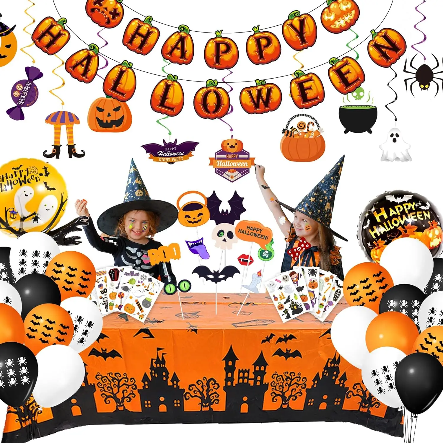 Halloween-decoratieset voor kinderen Slingerballonnen Tafelkleed 70 stuks, fotorekwisieten, tatoeages, feestversieringen, pompoen, geesten