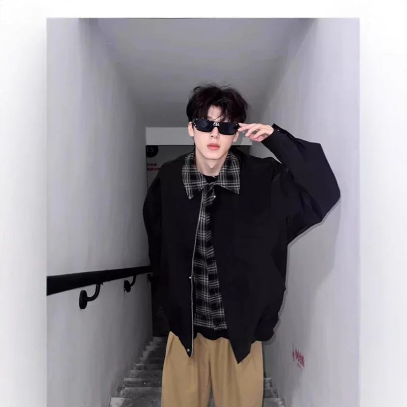 

2025Новая клетчатая лоскутная бейсбольная мужская весенне-осенняя двухсекционная куртка High Street Cool, свободная куртка с отложным воротником