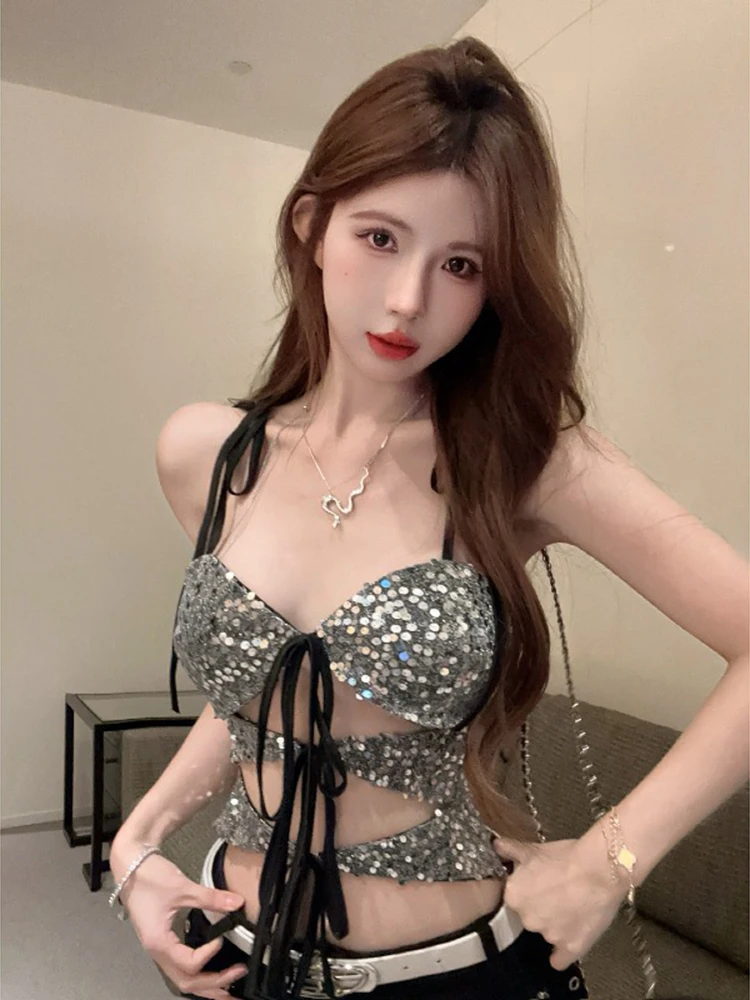 

Design sense hollow out slimming lace up top spicy girl sexy sequin women's summer unique and niche design short top