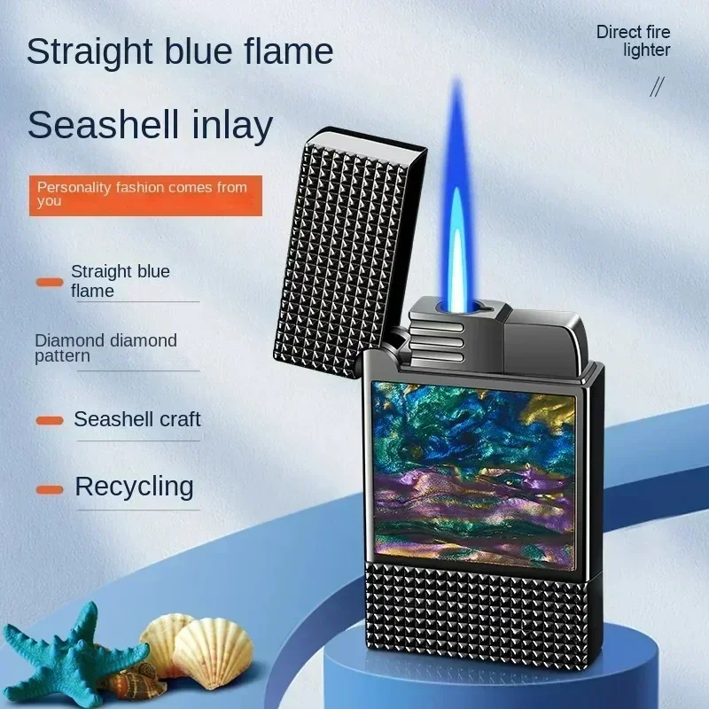 Metal Inlaid Color Case Lighter Windproof Flashlight Blue Flame Inflatable Butane Lighter Smoking Accessories High-end Gift