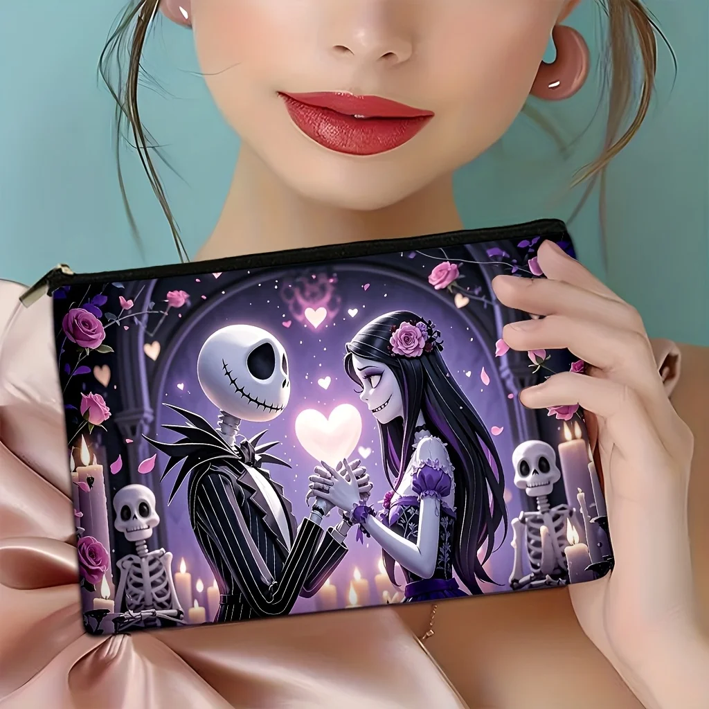 잭과 샐리 해골 하트 로맨틱 메이크업 가방 1개, 완벽한 여행용 지퍼 보관 가방 - 재미있는 생일 선물