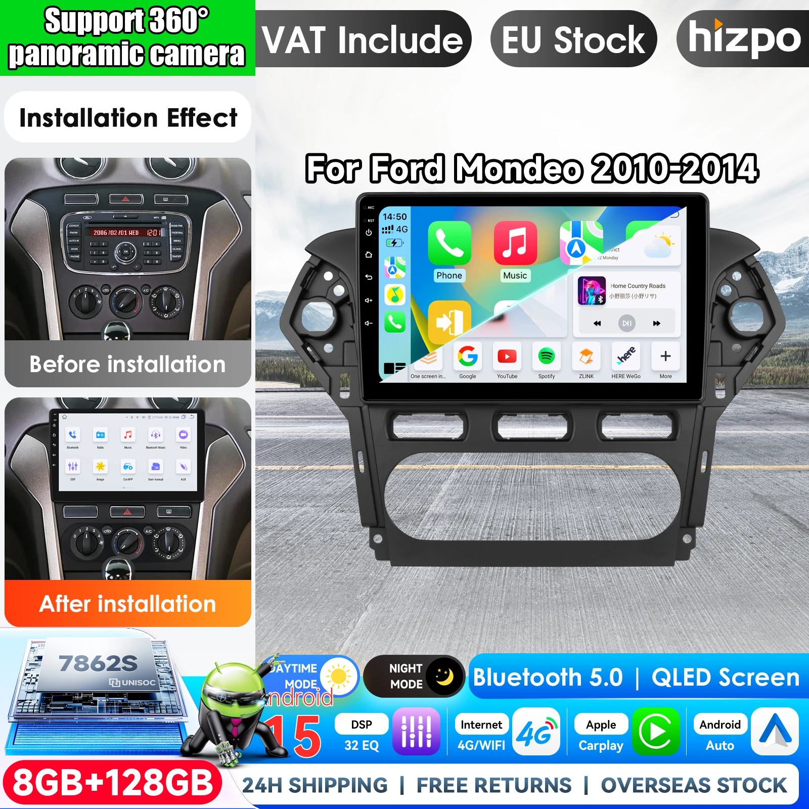 Hizpo Android 15 Autoradio Carplay Auto für Ford Mondeo 4 MK4 2010 - 2014 Navigation GPS Multimedia-Player Stereo WiFi+4G BT Video DVD 2Din Stereo Autoradio Auto-KI-Intelligenzsysteme Haupteinheit