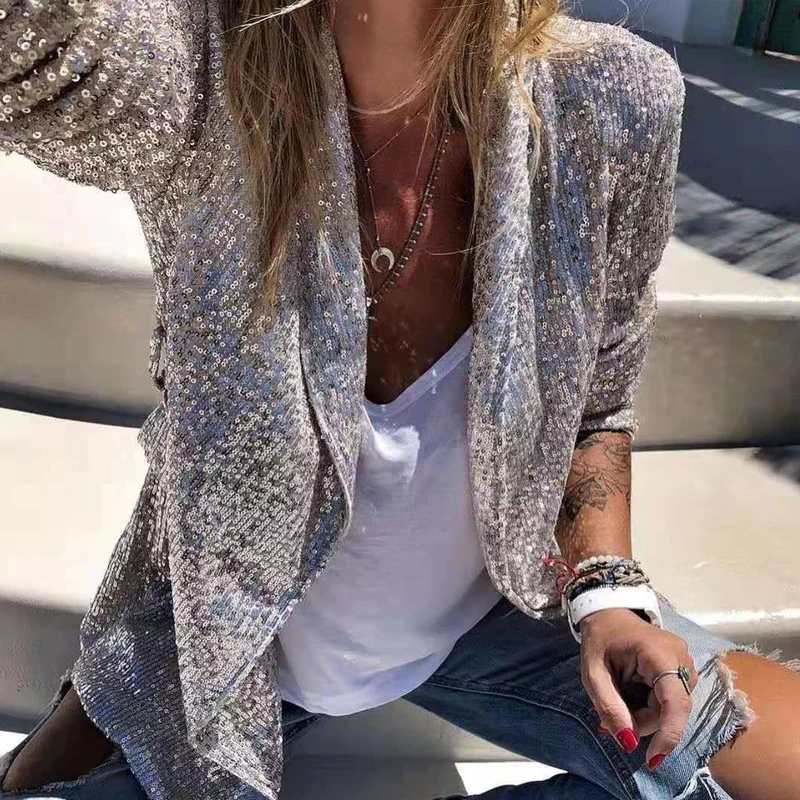 Blazer à paillettes pour femme - Veste décontractée à manches longues - Revers brillant - Léger - Grande taille, #6, L