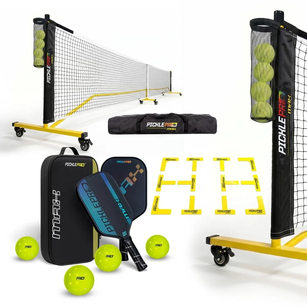 Pickleball Net Set 2 Paddles 4 Balls & Court Markers 22 Ft Portable Net with Wheels Thermoformed Carbon Fiber Paddles 4