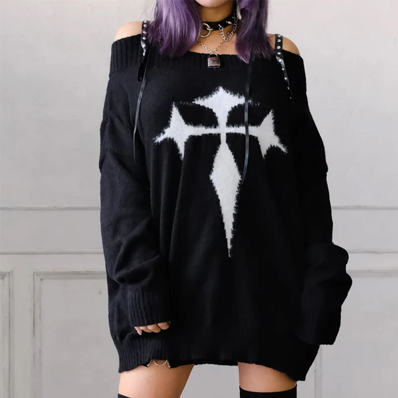 

Y2K Black Sweaters for Women Sexy Spring Autumn Cross Off Shoulder Subculture Punk Rivet Knit Sweater Girls Pullovers Sweaters