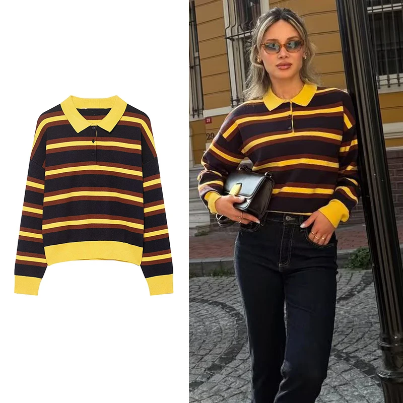 

Polo Neck Knitted Pullover Tops Women's Autumn 2025 New Fashion Striped Loose Elegant Warm Sweater Women's Chic Youth Sweater