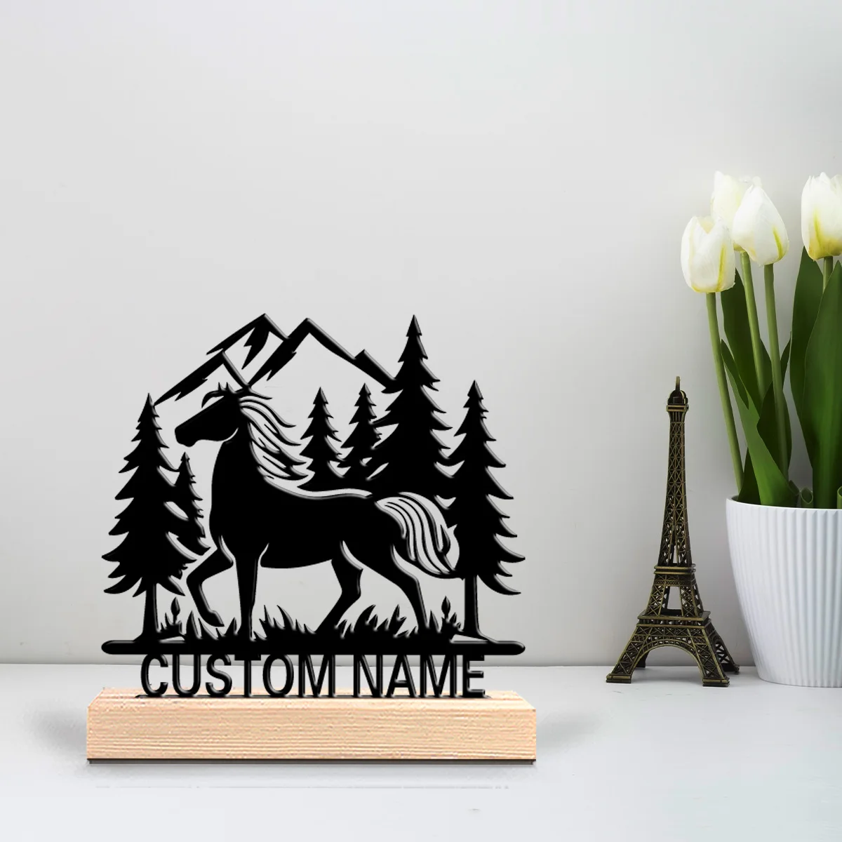 1 pièce Statue en métal personnalisée en forme de cheval, motif nature créatif, avec base en bois, pour cadeaux pour filles