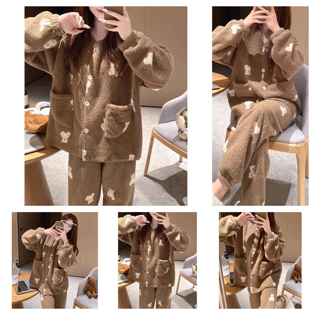 Coral Velvet New Pajamas Women\'s Winter Korean Version Ins Style Girls Cute Bear Sweet Thickened Homewear Set Christmas Birthday