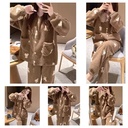 Coral Velvet New Pajamas Women's Winter Korean Version Ins Style Girls Cute Bear Sweet Thickened Homewear Set Christmas Birthday