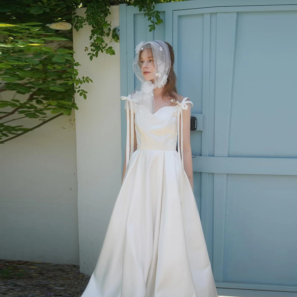 

Muloong Bow Spaghetti Straps Simple Wedding Dresses For Women Floor Length A Line Gowns Bride New 2023 Korean