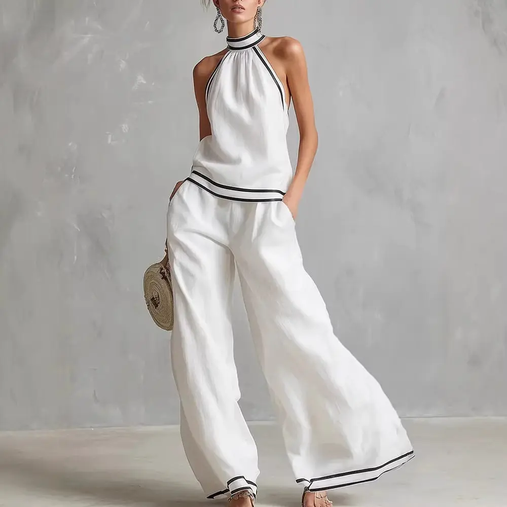 

Women's Two-piece Sleeveless Contrast Trim Halter Neck Top & Wide Leg Pants New in Summer Casual Fashion Solid Suit for Women