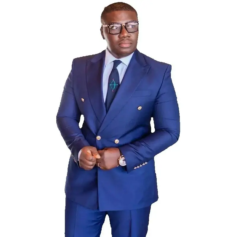 

Men Blue Suits 2 Piece Wedding Tuxedos Formal Peaked Lapel Double Breasted Male Clothing Custom Bridegroom Groom Business Suits