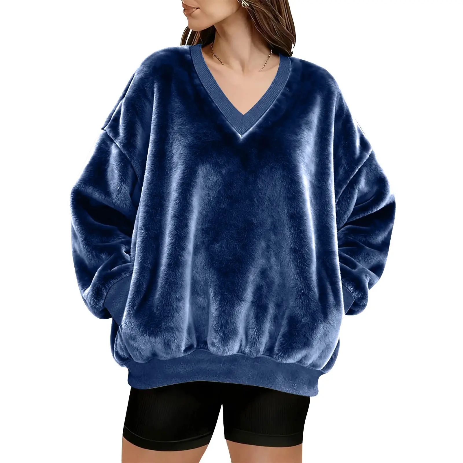 

Winter Women'S Comfortable Long Pullover Sweatirt Coat Collar Fashionable Plush V-Neck Pocket Solid Color Pullover