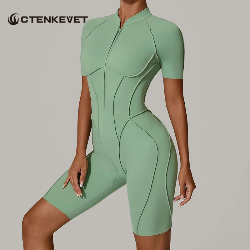 

Ctenkevet Women's Gym Workout Jumpsuit Zipper Short Sleeves Overalls Female One-Piece Yoga Suit Woman Backless Activewear