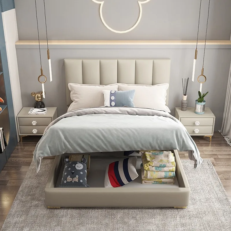 Modern light luxury leather children's bed, solid wood frame small apartment simple children's storage bed