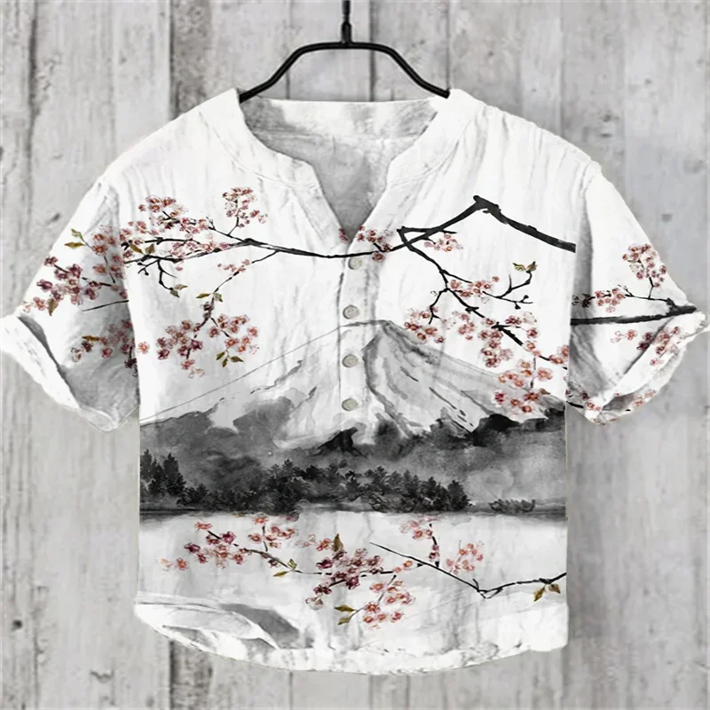 

Floral 3D printed casual loose shirt for men's fashion stand up collar linen blend short sleeved plus size men's top