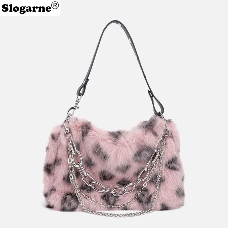 New Faux Fur Leopard Shoulder Bag Women\'s Autumn Winter Chain Handbags Ladies Leopard Print Clutch Purses Fluffy Top Handle Bags