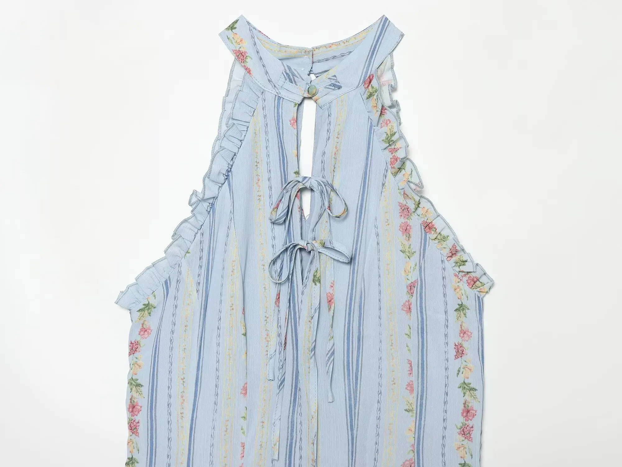 TFMLN Damen Blumenmuster Gestreiftes Neckholder-Kleid mit Rüschenbesatz, Schlüssellochausschnitt, Vordere Bindung, Ärmellos, Vintage Mini-Kleid, Strand- und Urlaubsoutfit, Sommer – Detail 4