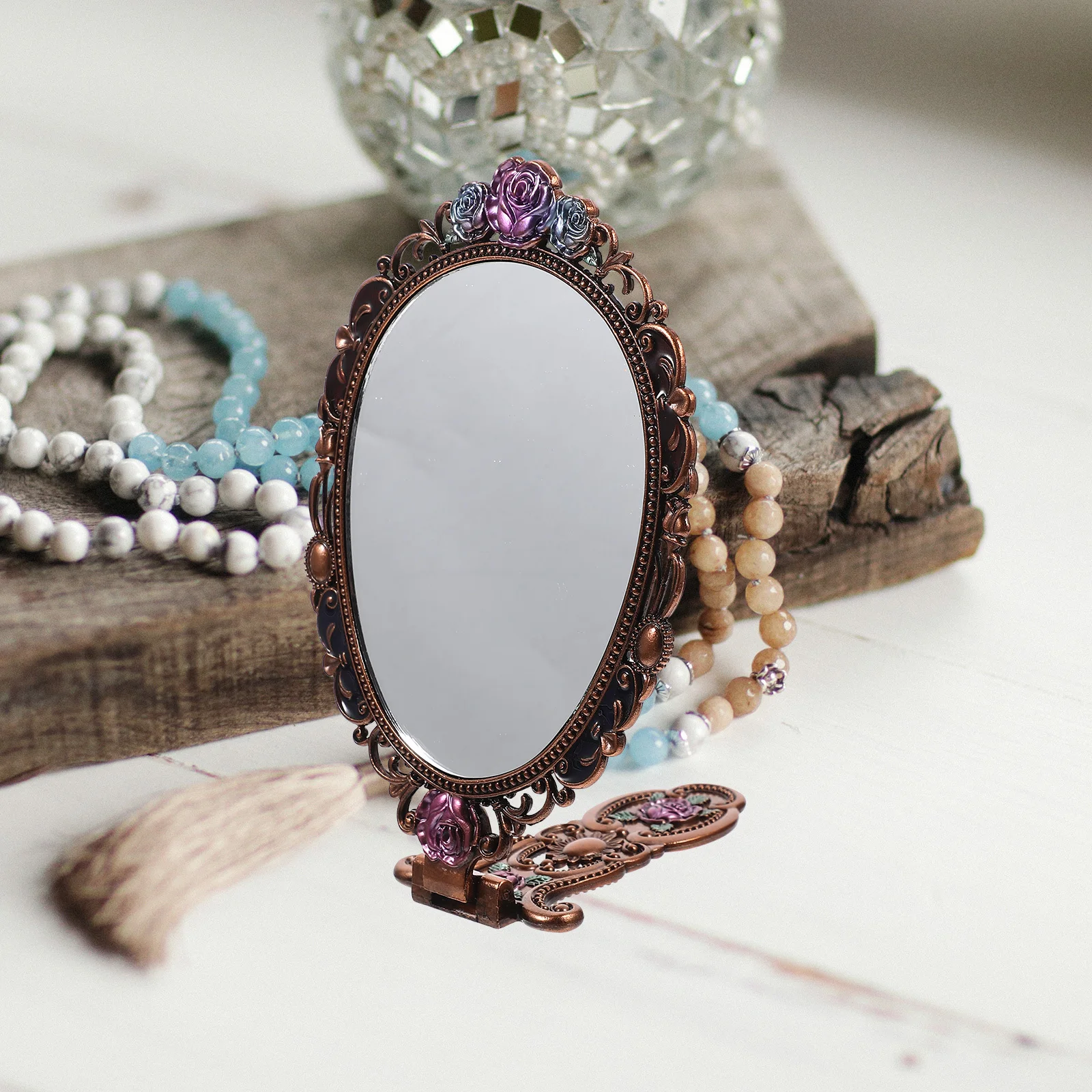 

Elegant Handheld Mirror Make up Small with Folding Handle Travel Foldable Vintage Makeup