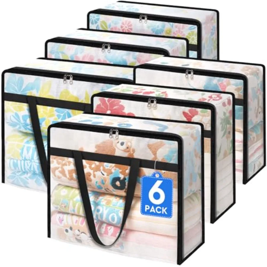 

6 Pack Clear Storage Bags for Comforter, Clothes and Bedding, Plastic Blanket Storage with Zipper and Handle, Moving Bags, Clos