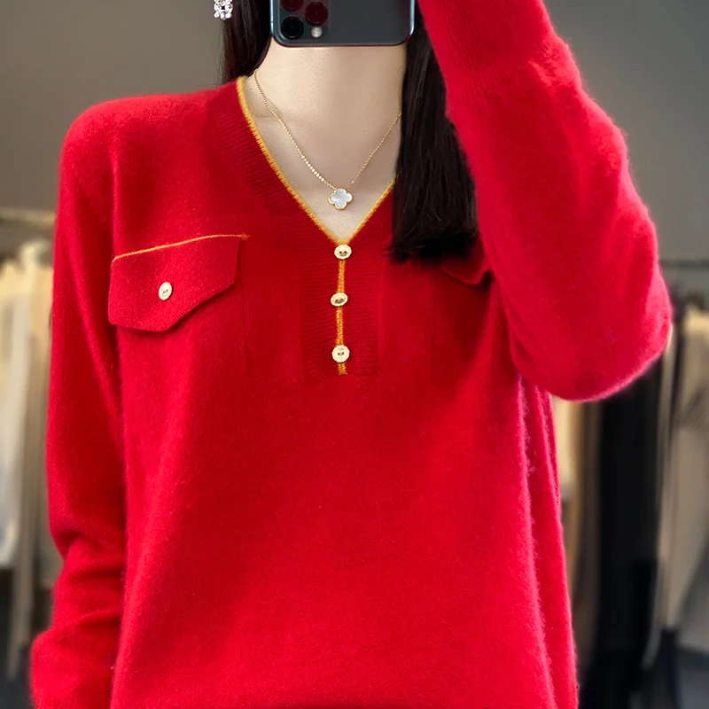 Heart-shaped V-neck sweater women's spring and autumn new western-style blouse thin wool knitted bottoming shirt T-shirt