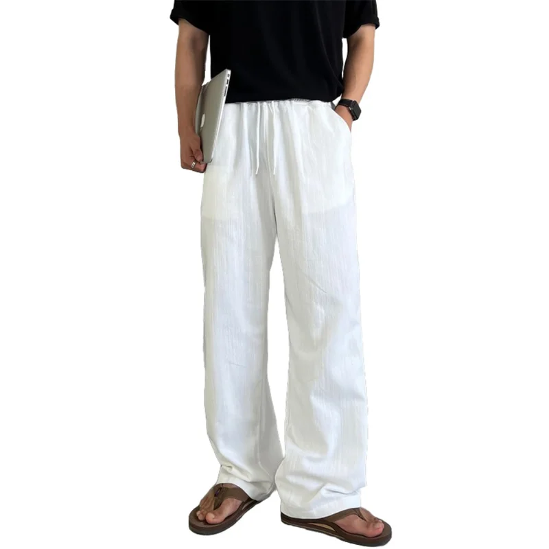 White Straight-Leg Casual Pants for Men, Summer Thin Loose Versatile Elastic Waist Wide-Leg Long Pants with a Draping Effect, Floor-Length Pants
