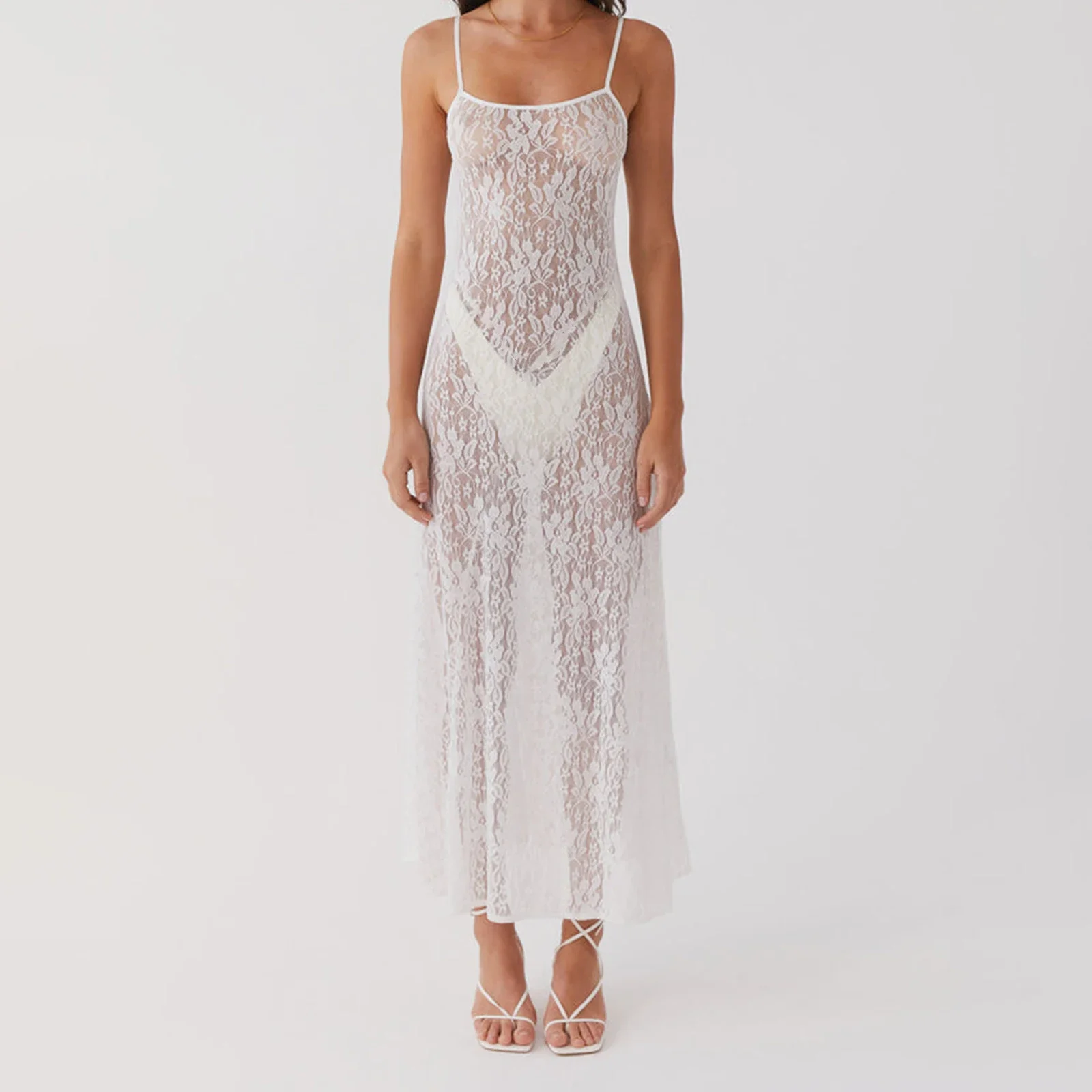 Vestido feminino transparente de renda floral transparente sem mangas pescoço quadrado alças espaguete ajustáveis linha A vestido longo cami deslizante