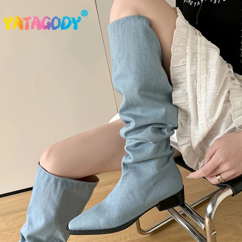 

YATAGODY Size 34-39 Women Knee Boots Chunky Mid Heels Shoes Woman Winter 2023 Pointed Toe Jeans Blue Casual Dressy Long Boots