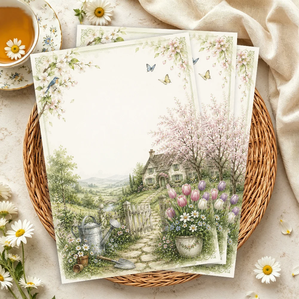 30 Sheets, B5 Spring Garden Cottage Watercolor-themed Writing Paper, Lined, No Glue, Perfect For Notebooks, Memos, And Stickers