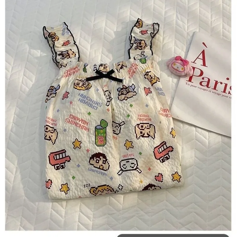 Crayon Shin-chan Nightdress Cute Cartoon Floral Grid Nightdress with Padded Cups Summer New Fashion Leisure Versatile Homewear view 2