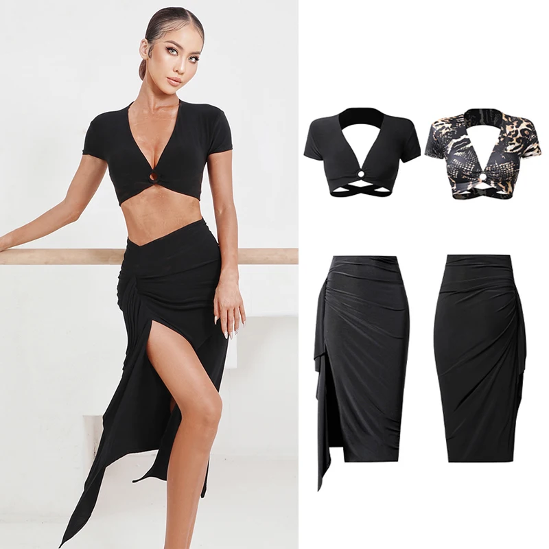 

Одежда для латинских танцев, костюм для танго, женская одежда для латинских танцев, топы с короткими рукавами, черная юбка с разрезом, платье для взрослых