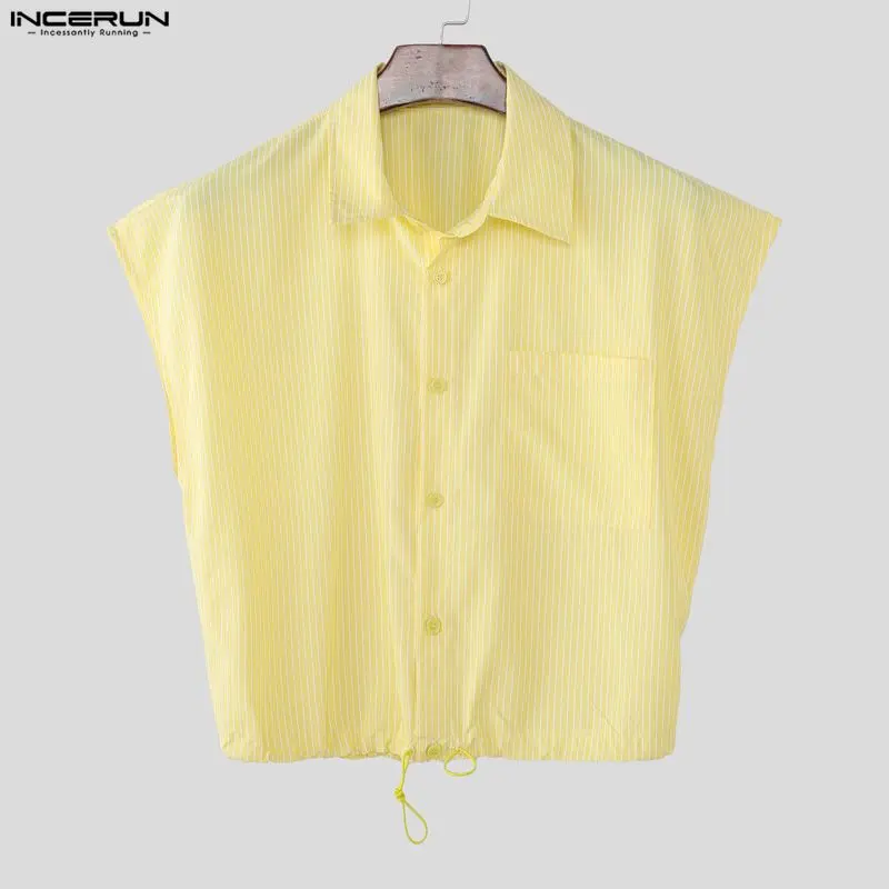 

INCERUN Men Striped Shirt Lapel Short Sleeve Drawstring Men Crop Tops Summer Loose Casual Fashion Men Clothes Camisas Masculina