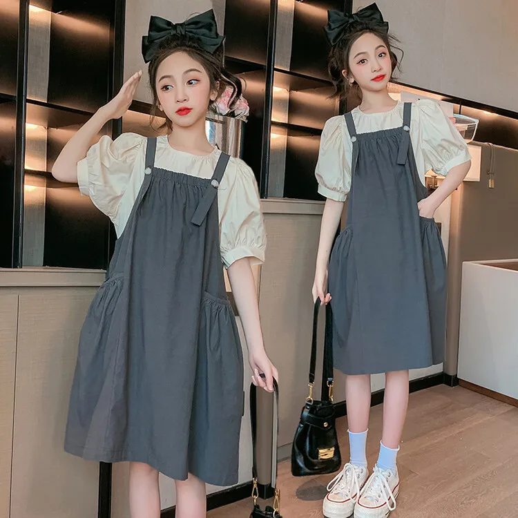 2024 Korean Summer Children Girl 2PCS Clothes Set Teenager Girl Peter Pan Collar Shirt+Suspender Skirt School Girl Casual Suit