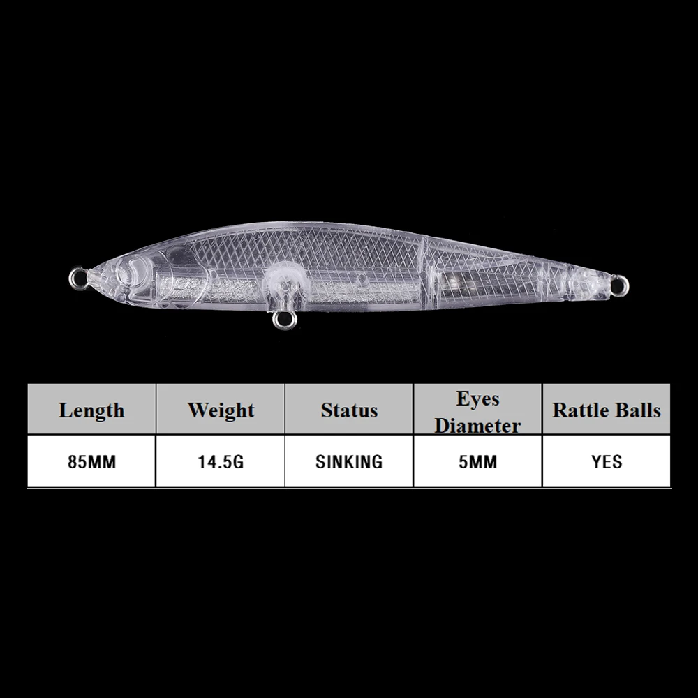 Chan’sHuang 10PCS Unpainted Blanks Bait 8.5cm 14.5g Sinking Spook Pencil DIY Handmade Transparent Body Artificial Fishing Lure