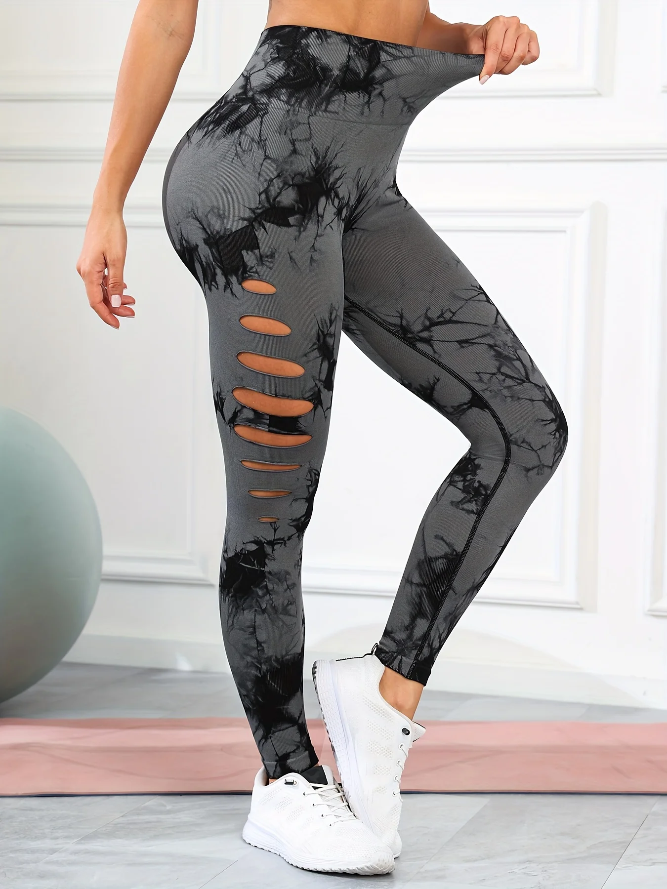 1/3 قطعة المرأة التعادل صبغ التدرج الجانب ثقب جوفاء طماق عالية الخصر عادية الرياضة اللياقة البدنية نحيل اليوغا السراويل