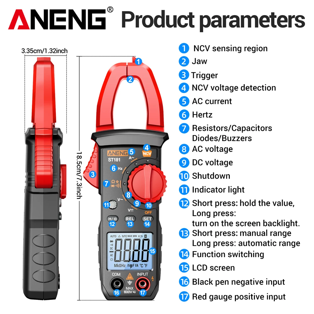 ANENG 클램프 미터 ST181 4000 카운트 400A 전류계 커패시턴스 온도 옴 Hz 테스터 VD802 전압 검출기 테스터 도구