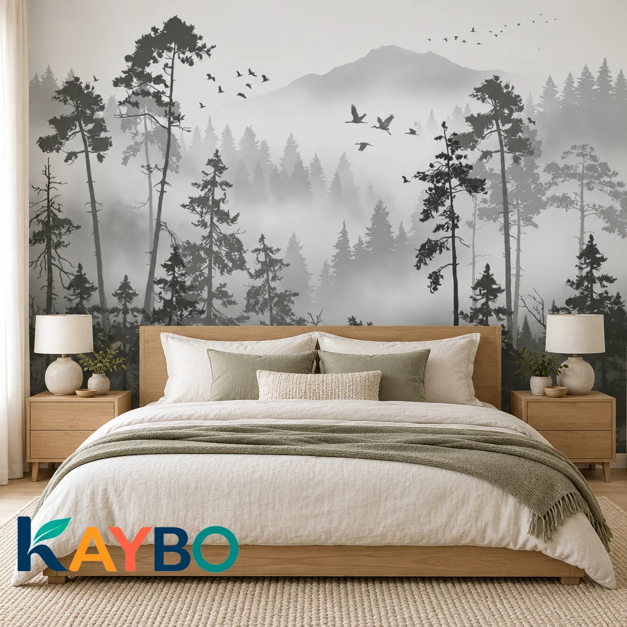 Misty Forest Wallpaper Mural Black and White Mountain Pine Trees Non Self Adhesive Living Room Bedroom Landscape Accent Wall Art