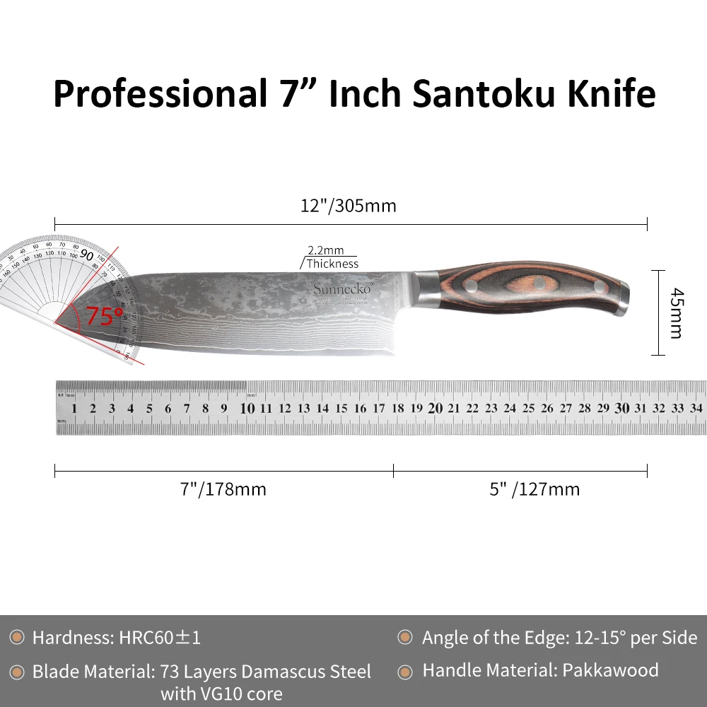 SUNNECKO-Japonês Santoku Chef Cozinha Cozinhar Faca, Aço Damasco, Carne, Frutas, Alto Carbono, Salmon Fish Slicer, Cutter Tool, 7"