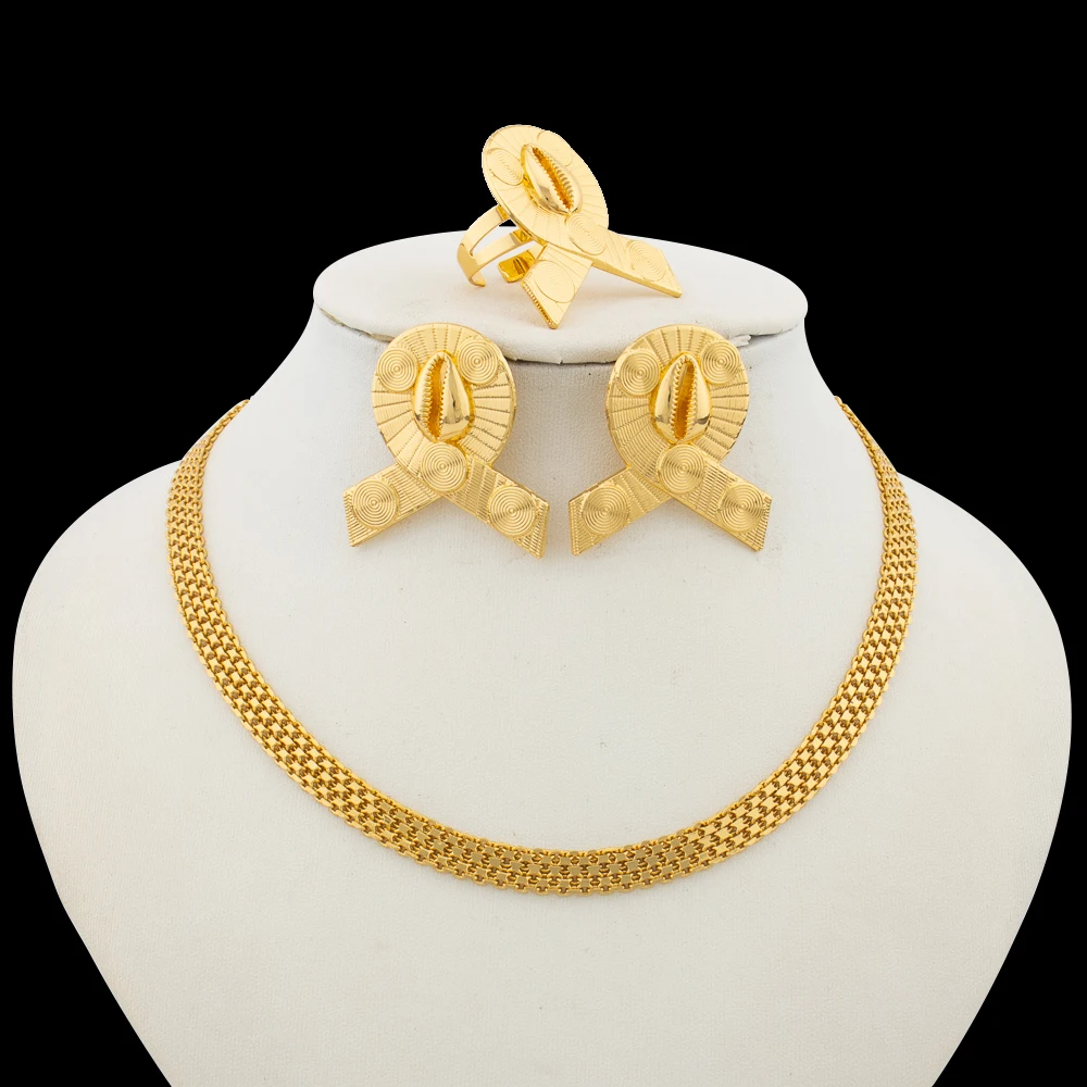 Cute Earrings and Ring Necklace Jewelry Set for Ladies Nigerian Gold Color Clip Earrings and Finger Ring 3Pcs Set for Weddings