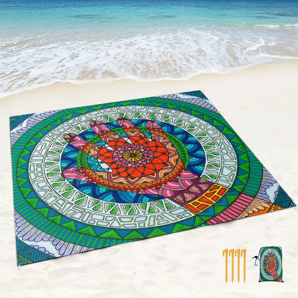 Koc plażowy Boho odporny na piasek Color Art Mandala Mata odporna na piasek z narożnikami i siatkową torbą na imprezę na plaży, podróże, kemping