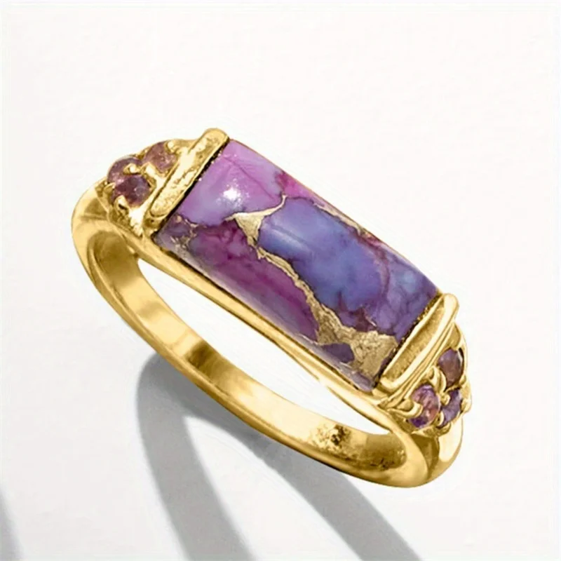 Anillo Rectangular con Incrustaciones de Turquesa Sintética Morada y Baño de Oro, Estilo Bohemio, para Mujer, Elegante, Ideal para Banquetes, Regalo de Joyería