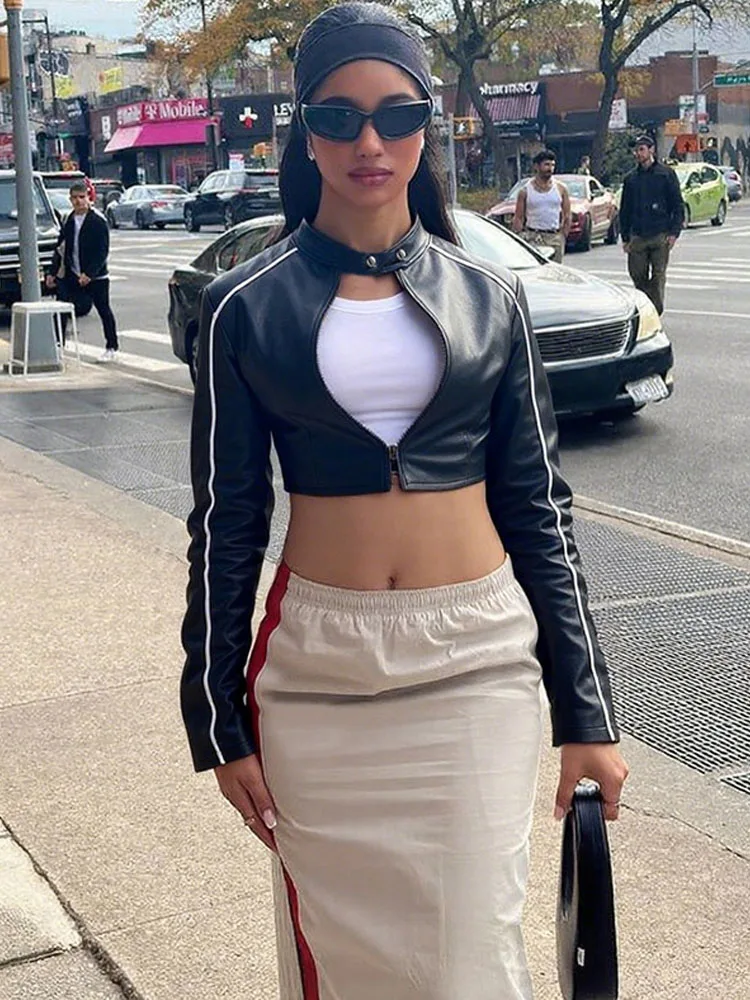 BKQU Gothic Faux Leather Crop Jacket Women Stripe Patchwork Zip Button Stand Collar PU Wild Sexy High Street Midnight Club Coats