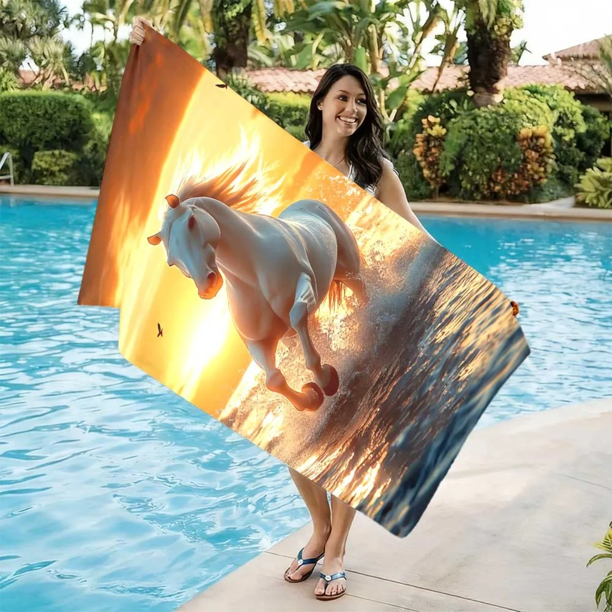 1PC Sunset Galloping White Horse Towel Suitable for yoga, swimming, camping, big bath towels, essential travel accessories