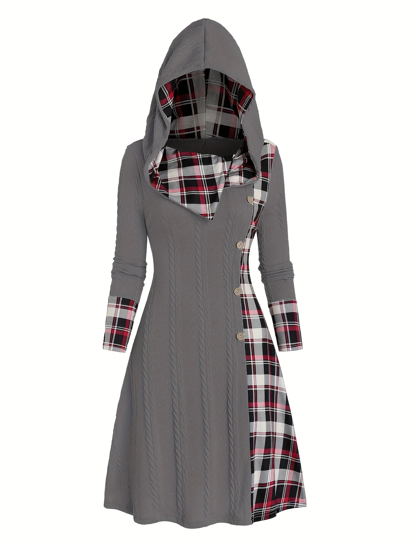 Damen-Kleid mit Karomuster, Kapuze, hoher Taille, A-Linie, lange Ärmel, aus Strick, mit dekorativer Schnallendetail. – Detail 19